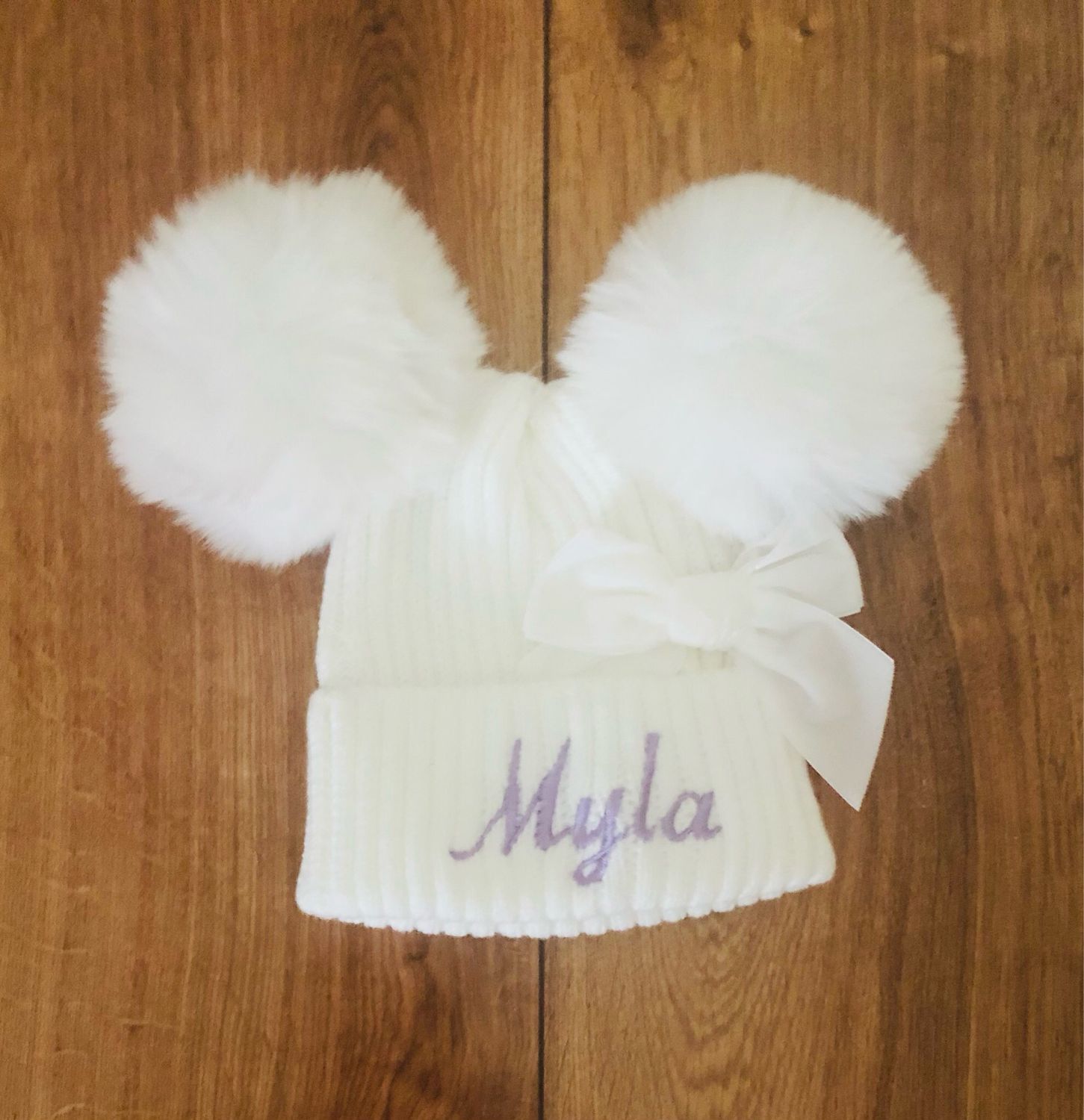 White Pom Pom Baby Hat With Velvet Bow (Personalised Option)