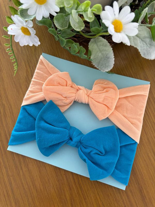 Peach and Blue Nylon Knot Bow Baby Headbands