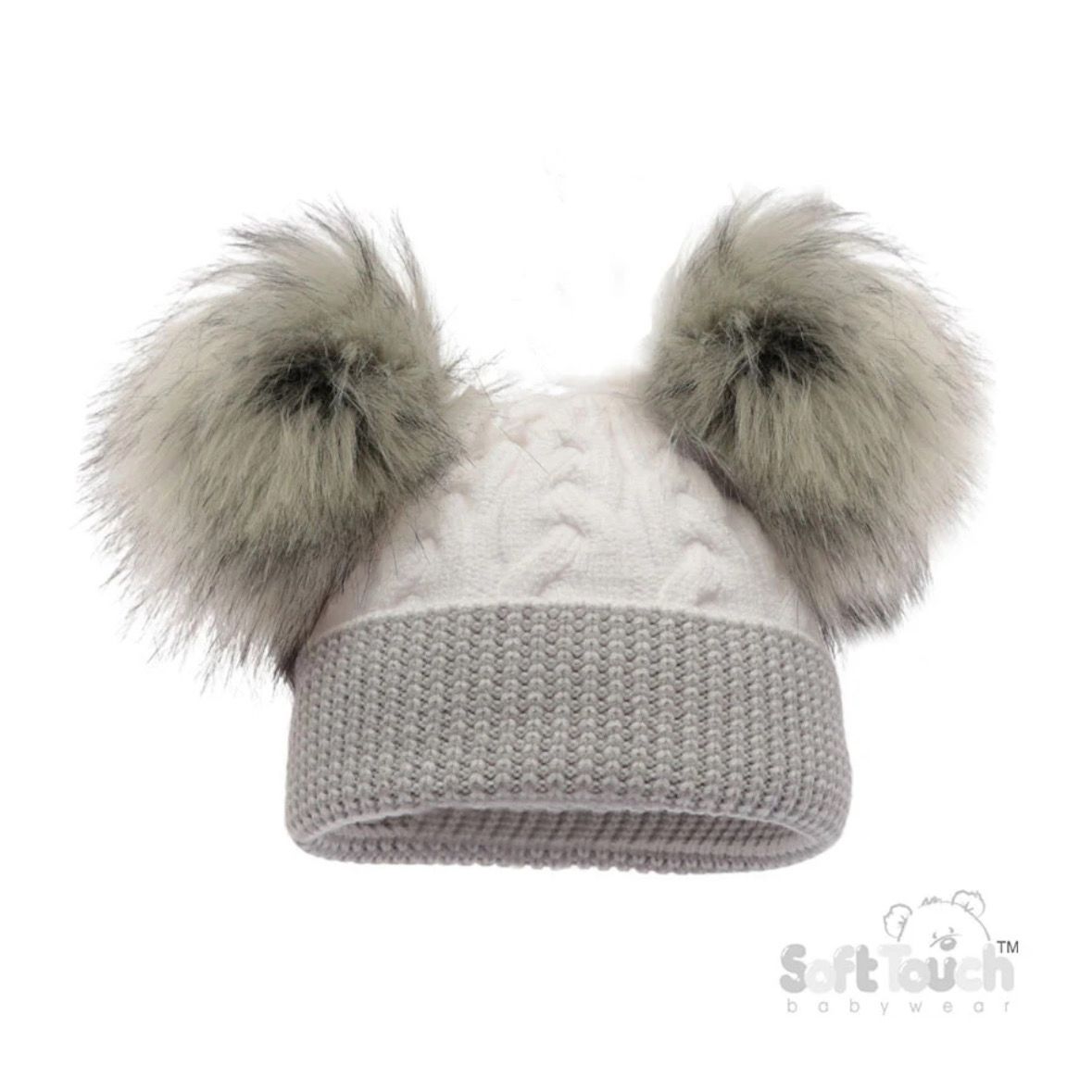 White and Grey Cable Knit Fluffy Pom Pom Hat