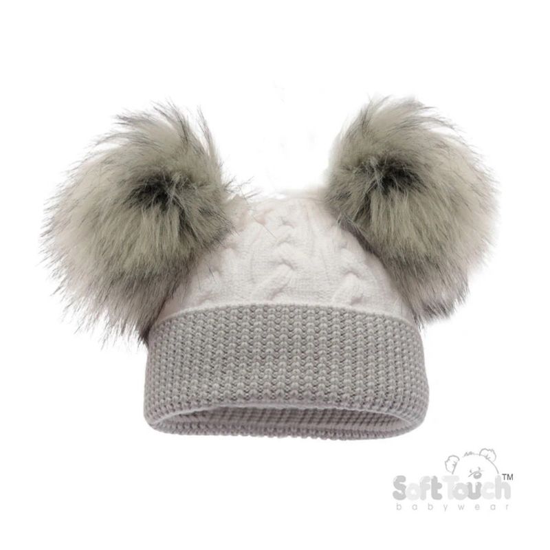 White and Grey Cable Knit Fluffy Pom Pom Hat