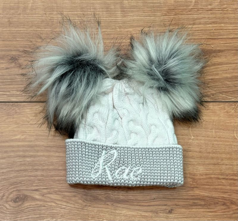 White and Grey Cable Knit Fluffy Pom Pom Hat