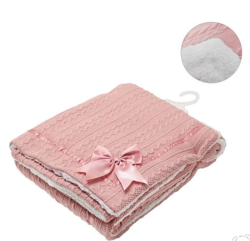 Rose Gold Cable Knit Baby Blanket With Satin Trim And Bow