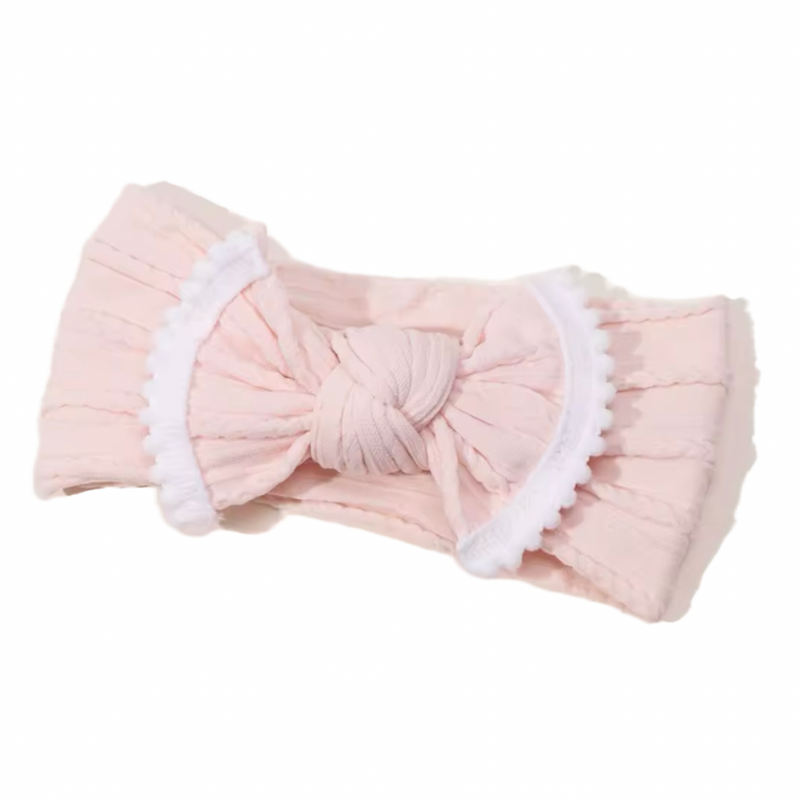 Peach Twisted Cable Baby Headband With White Now Edging
