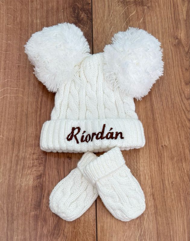 Infants White Cable Knit Pom Pom Hat & Mittens. (Personalised option)
