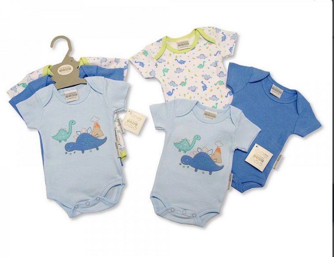 Set of 3 Blue Dinosaur Baby Bodysuits