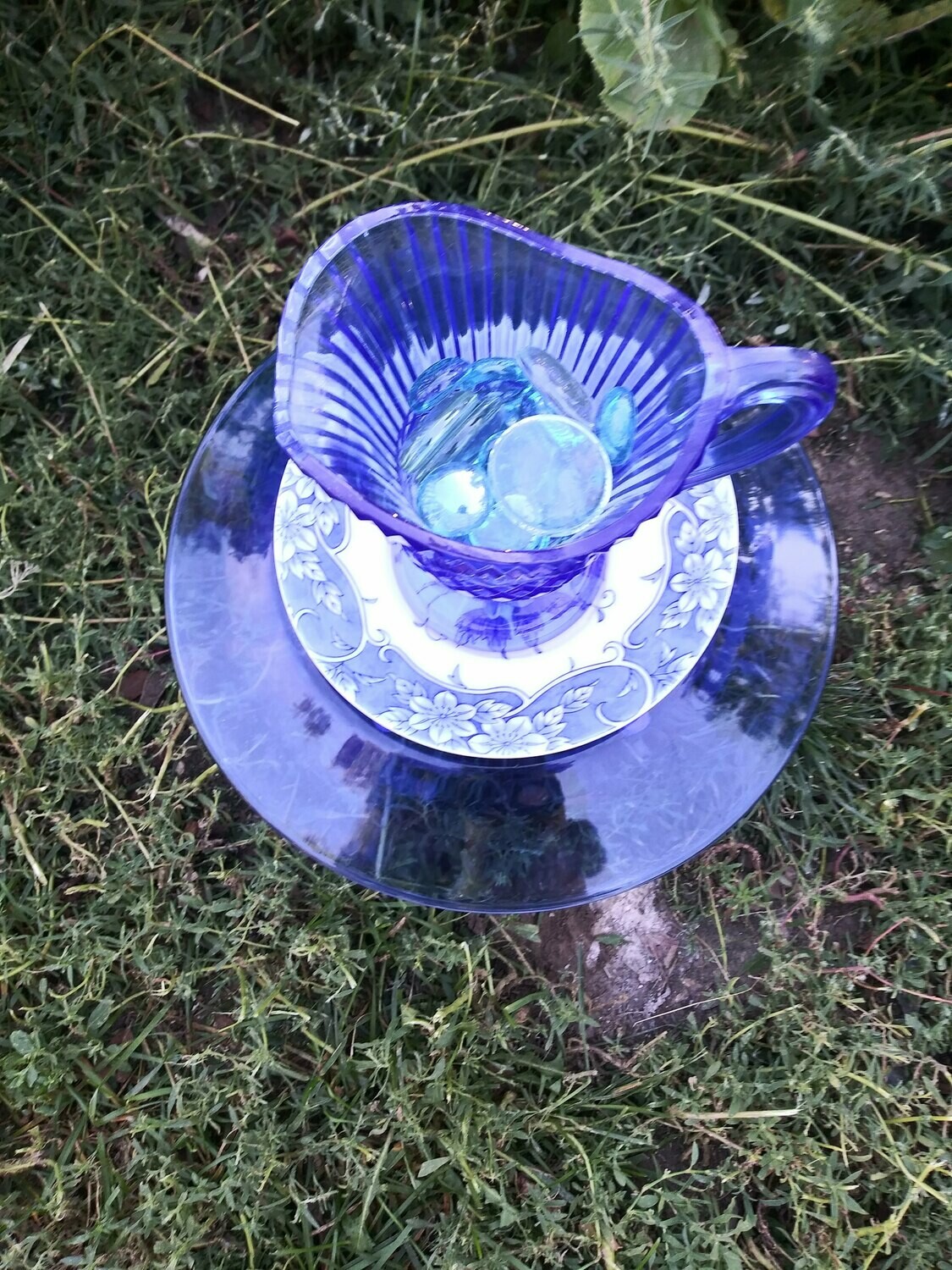 Blue pitcher umbrella water/feeder
