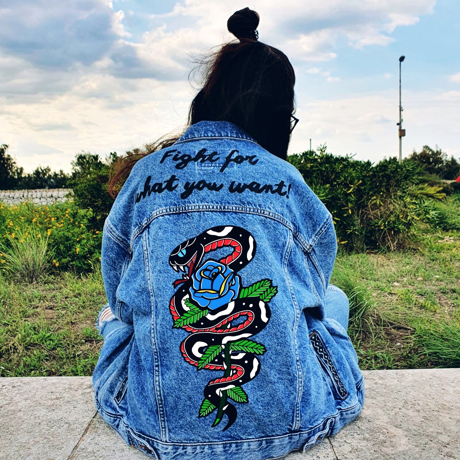 Giacca di jeans Fight for what you want! Unisex - Blu medio lavaggio acido