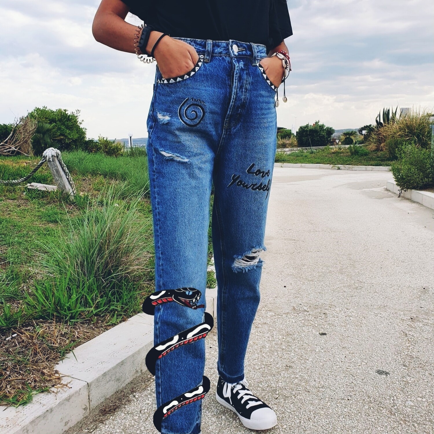 Mom Jeans Love Yourself! Unisex - Blu medio lavaggio acido