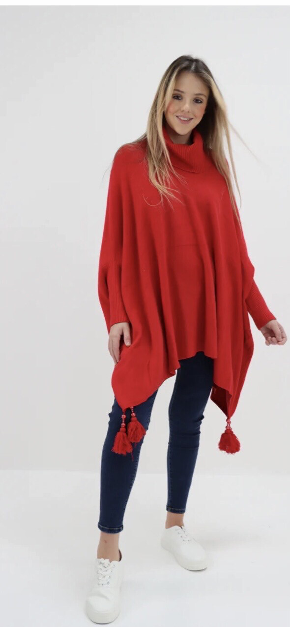 Cowl Neck Poncho Red