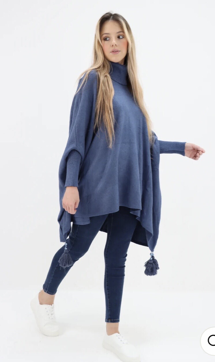 Cowl Neck Poncho Denim