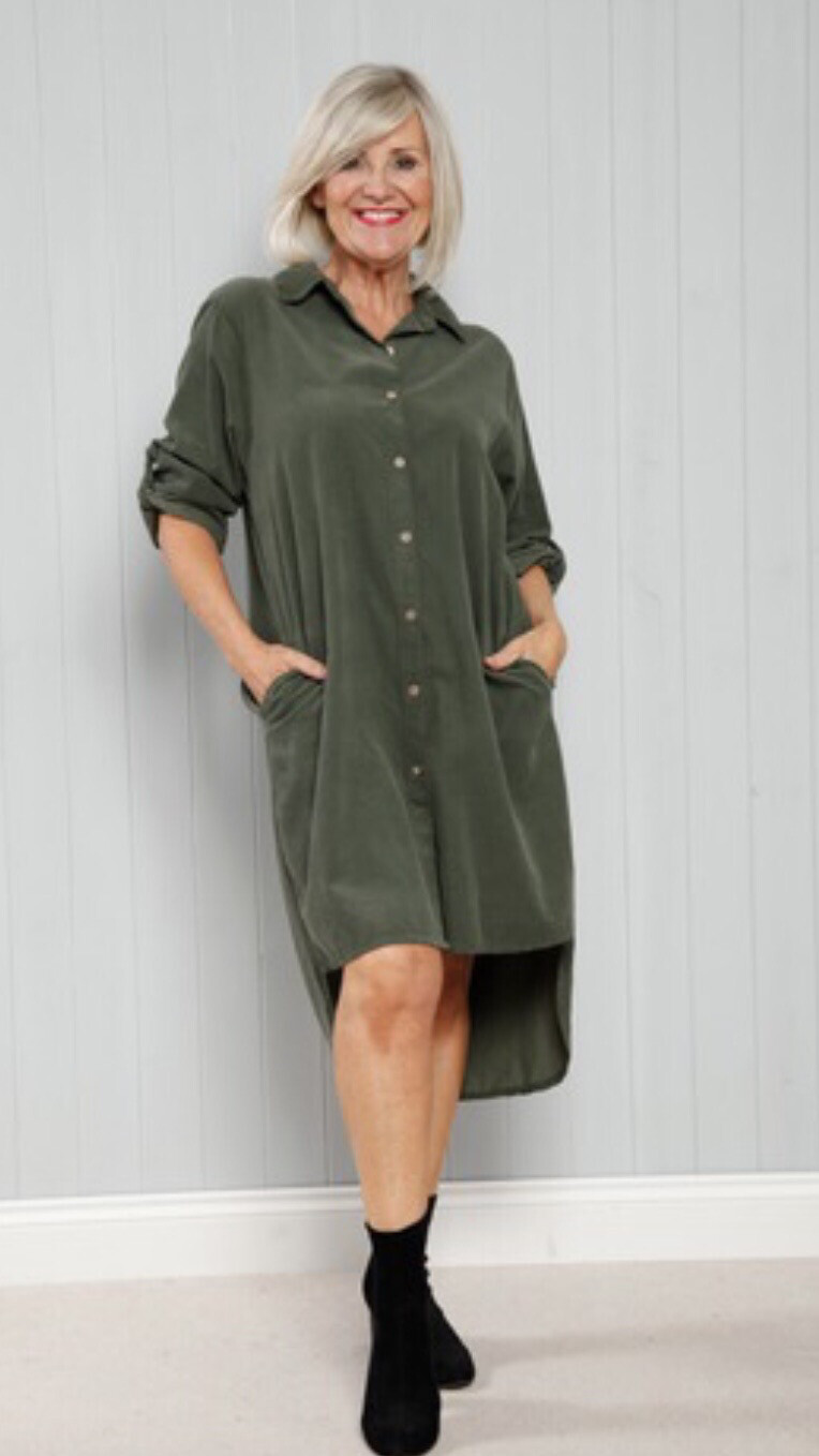 Product Name any Cord Collared Button Dress( Khaki)