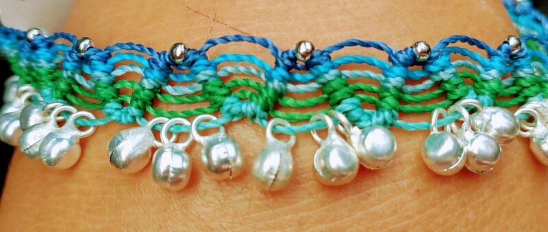 Blue and green anklet with silver bells