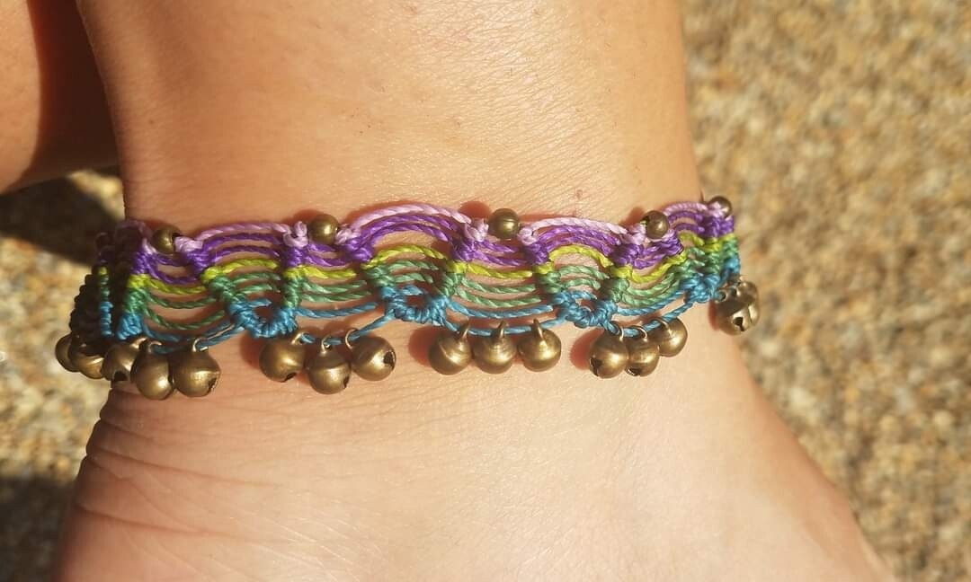 Purple and green anklet with bells