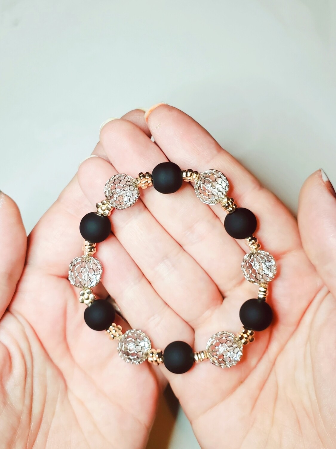 Matte black and glass bead bracelet
