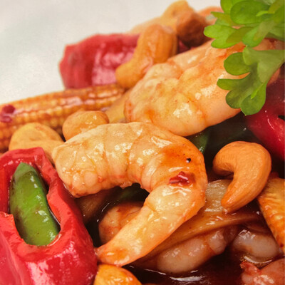 Stir Fried King Prawns with Cashewnuts in Yellow Bean &amp; Hoi Sin Sauce (Slightly Hot)