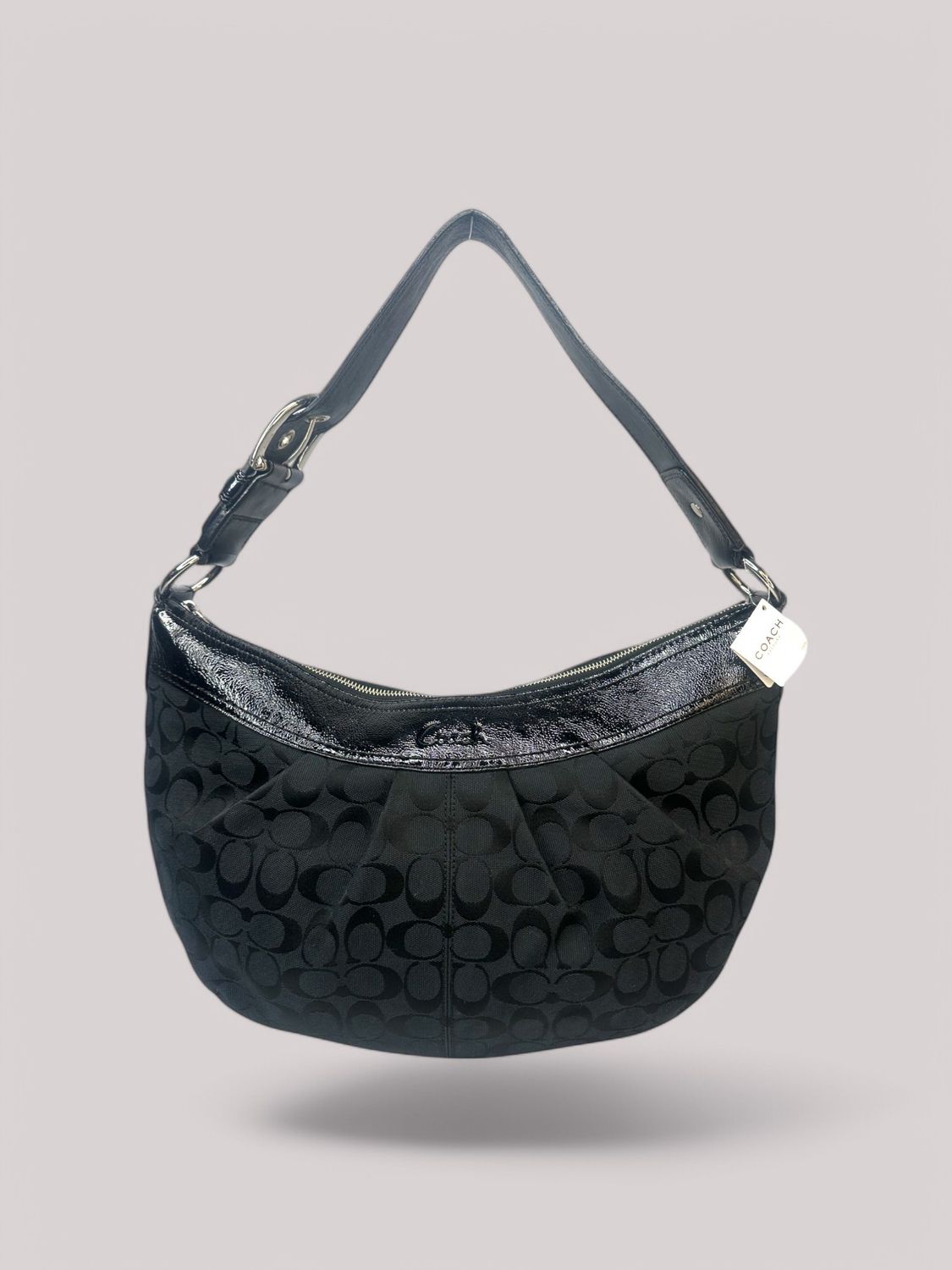 Coach Signature Pleated Black Monogram Canvas Shoulder Bag