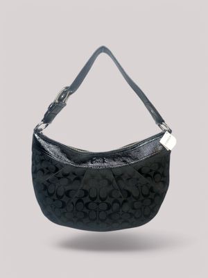 Coach Signature Pleated Black Monogram Canvas Shoulder Bag