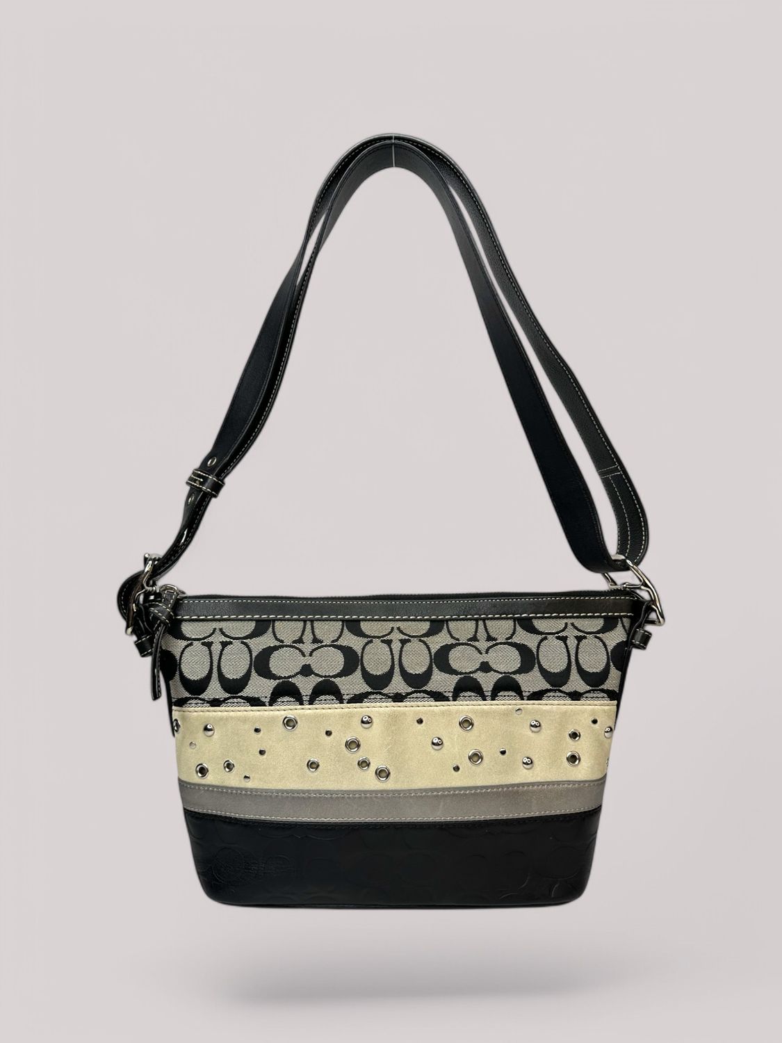 Coach Signature Studded Suede &amp; Leather Shoulder Bag