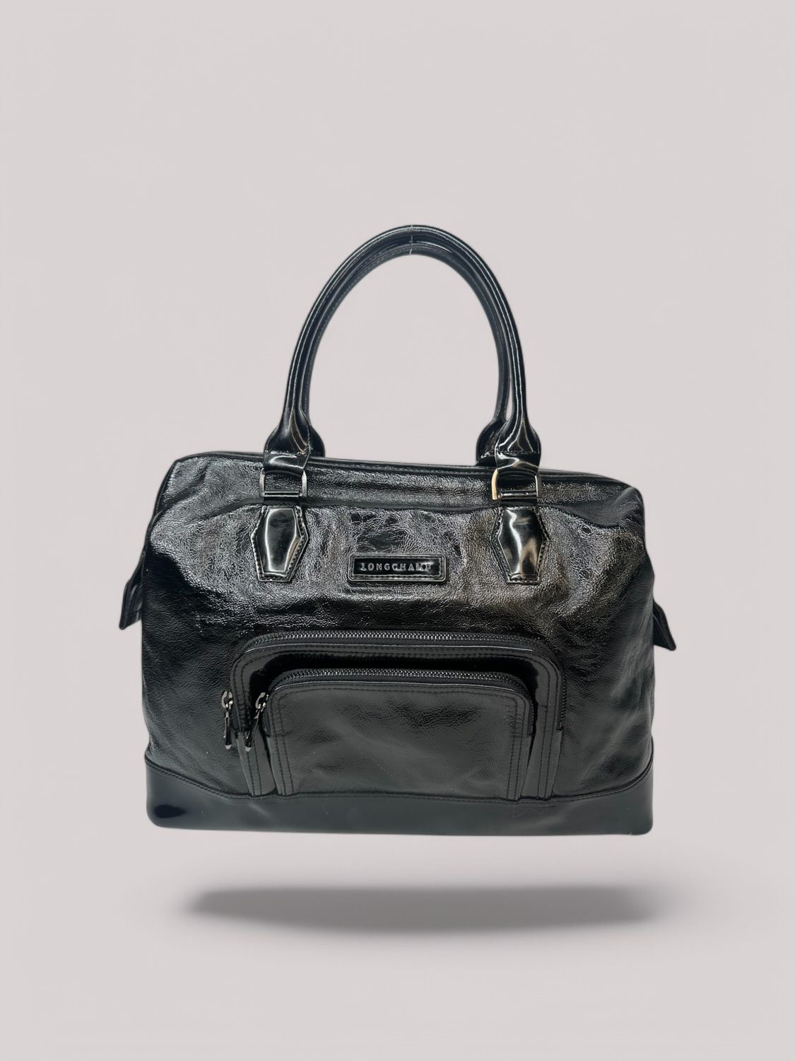 Longchamp Doctors Boston Patent Black Leather Shoulder Bag