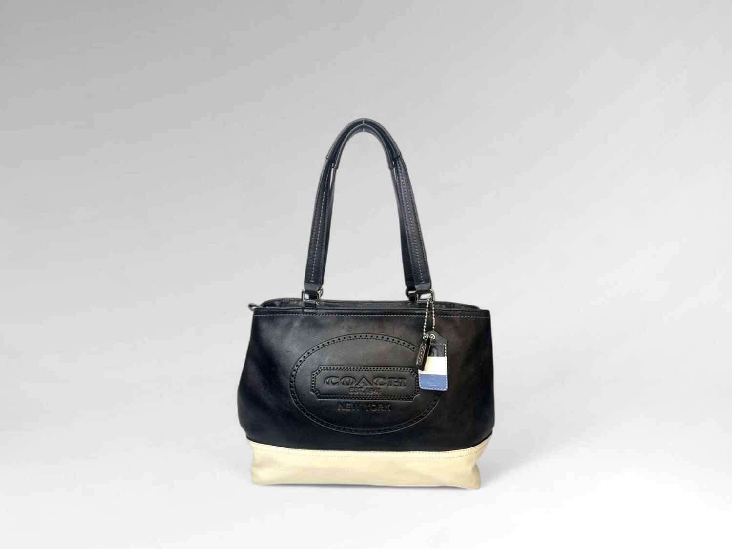 Coach Hampton Weekend Perforated White &amp; Black Leather Tote Bag
