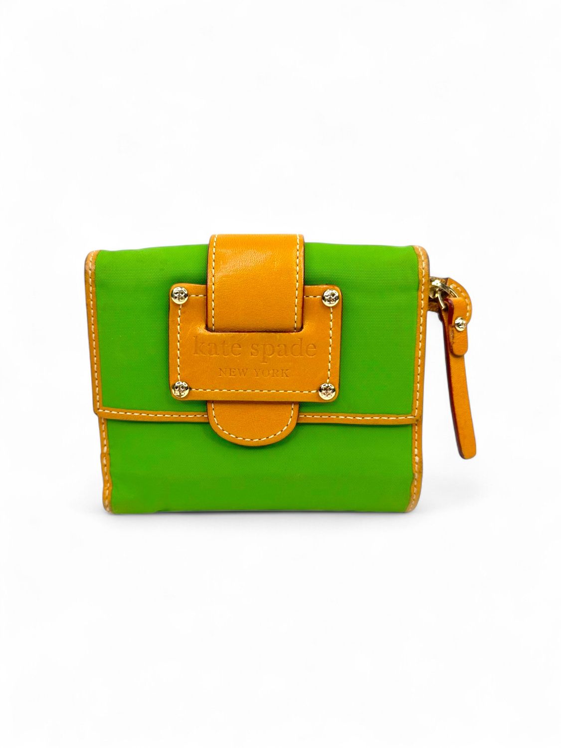 Kate Spade Vintage Green Nylon Trifold Wallet W/ Brown Leather