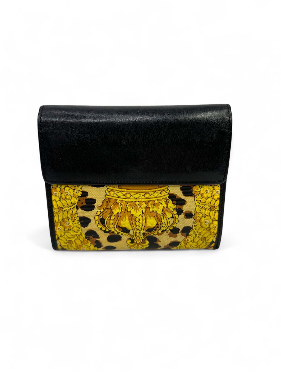 Gianni Versace Leopard Print Black Leather Trifold Wallet