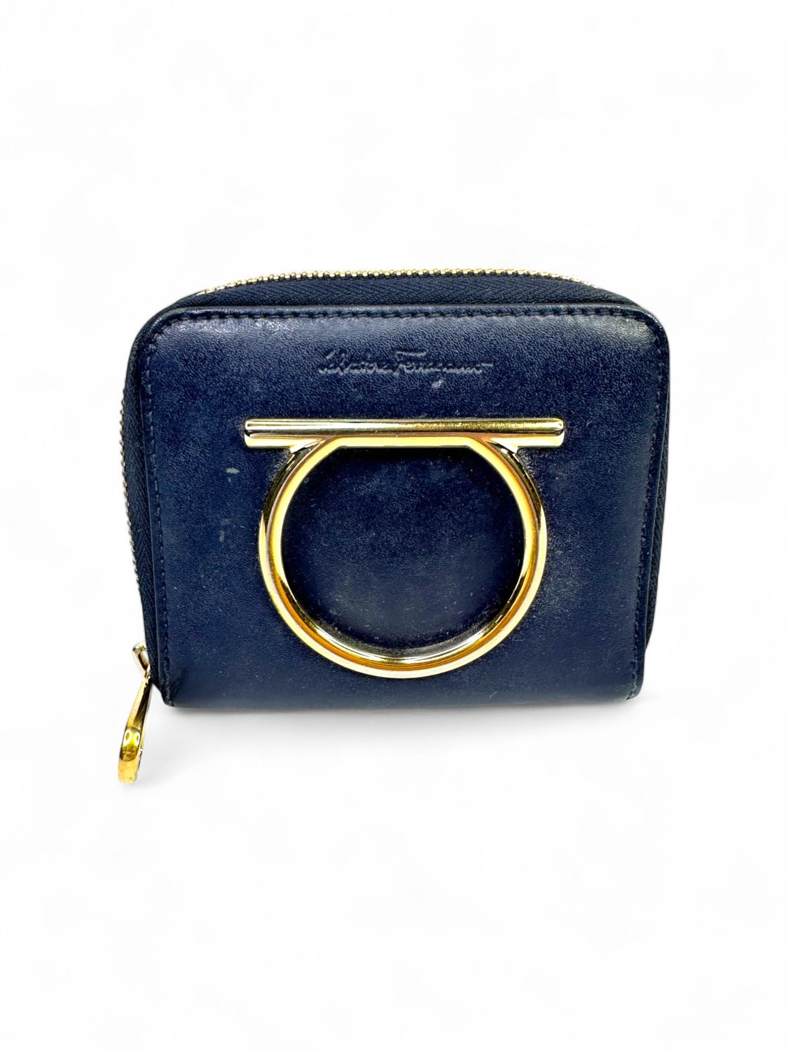 Salvatore Ferragamo Compact Gancini Leather Navy Blue Zip Around Wallet
