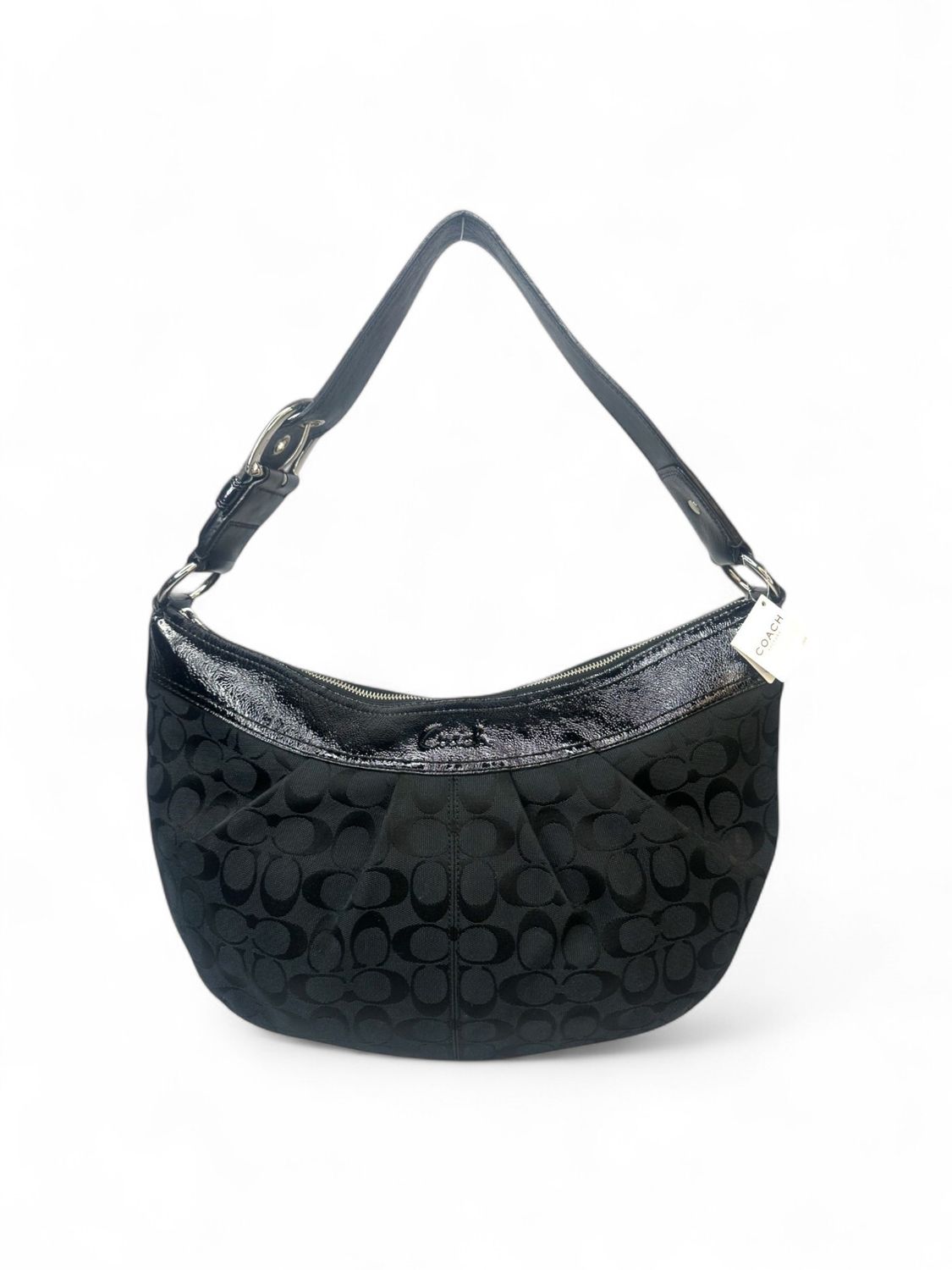 Coach Signature Pleated Black Monogram Canvas Shoulder Bag