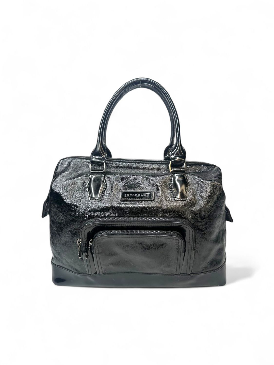 Longchamp Doctors Boston Patent Black Leather Shoulder Bag