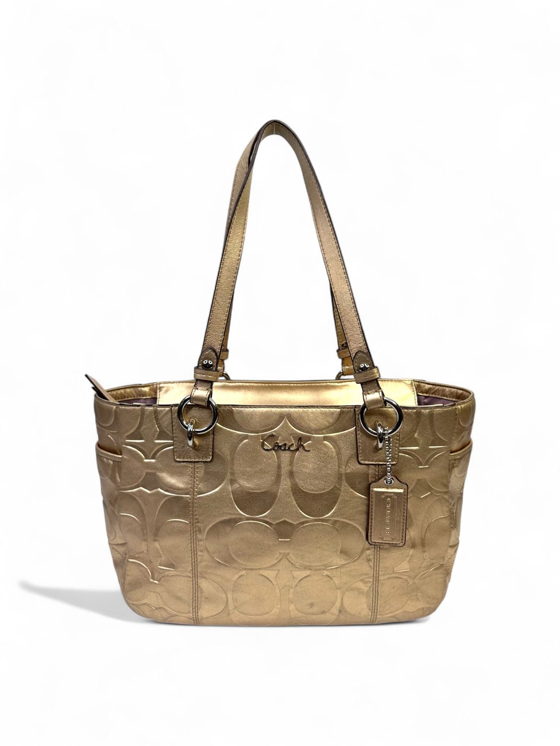 Coach Metallic Gold East West Embossed Signature Leather Tote Bag