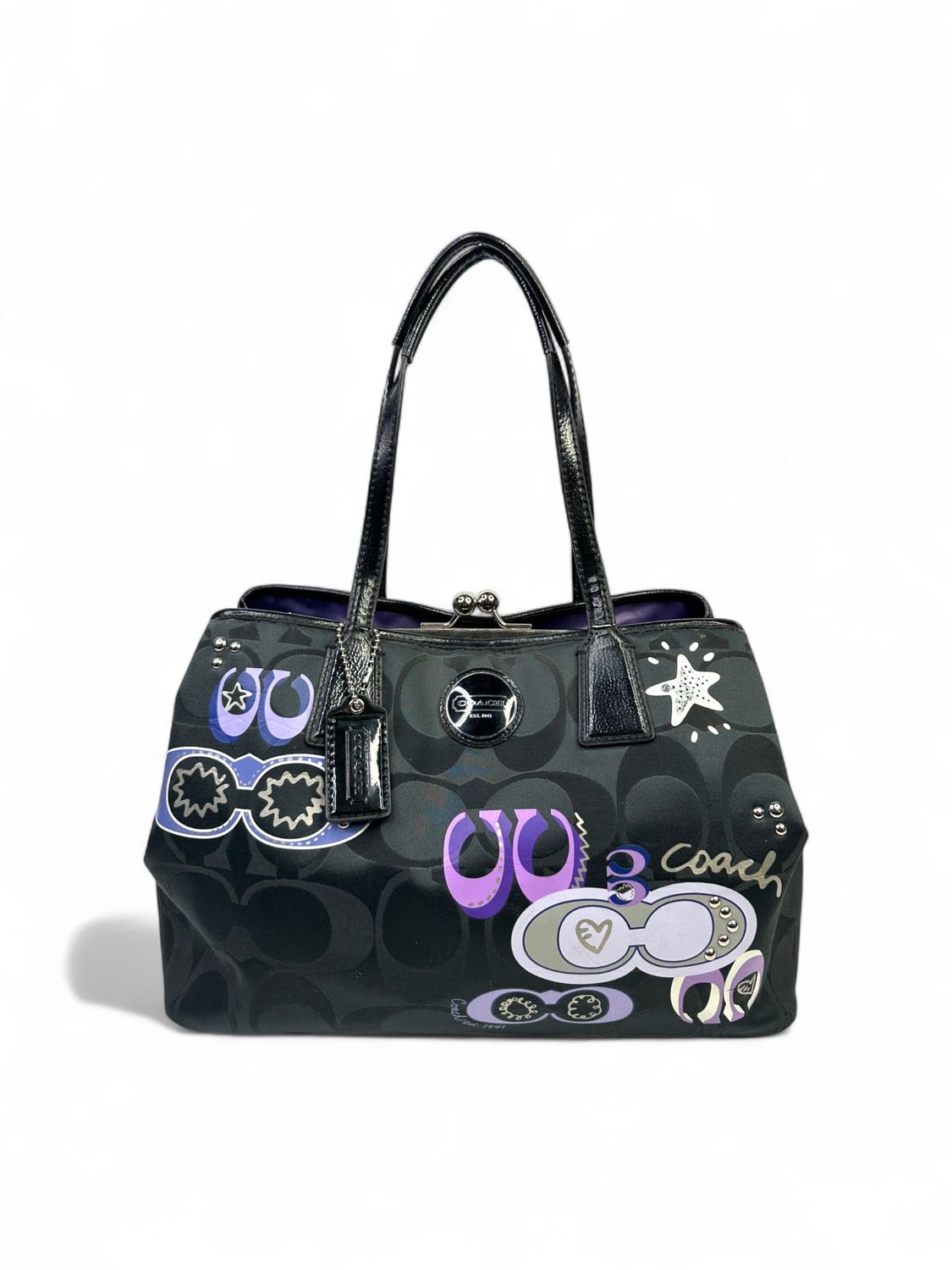 Coach Signature Daisy Poppy Kisslock Black Optic Carryall Bag