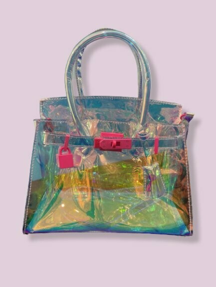 Small unicorn see through purse with handle pink key lock