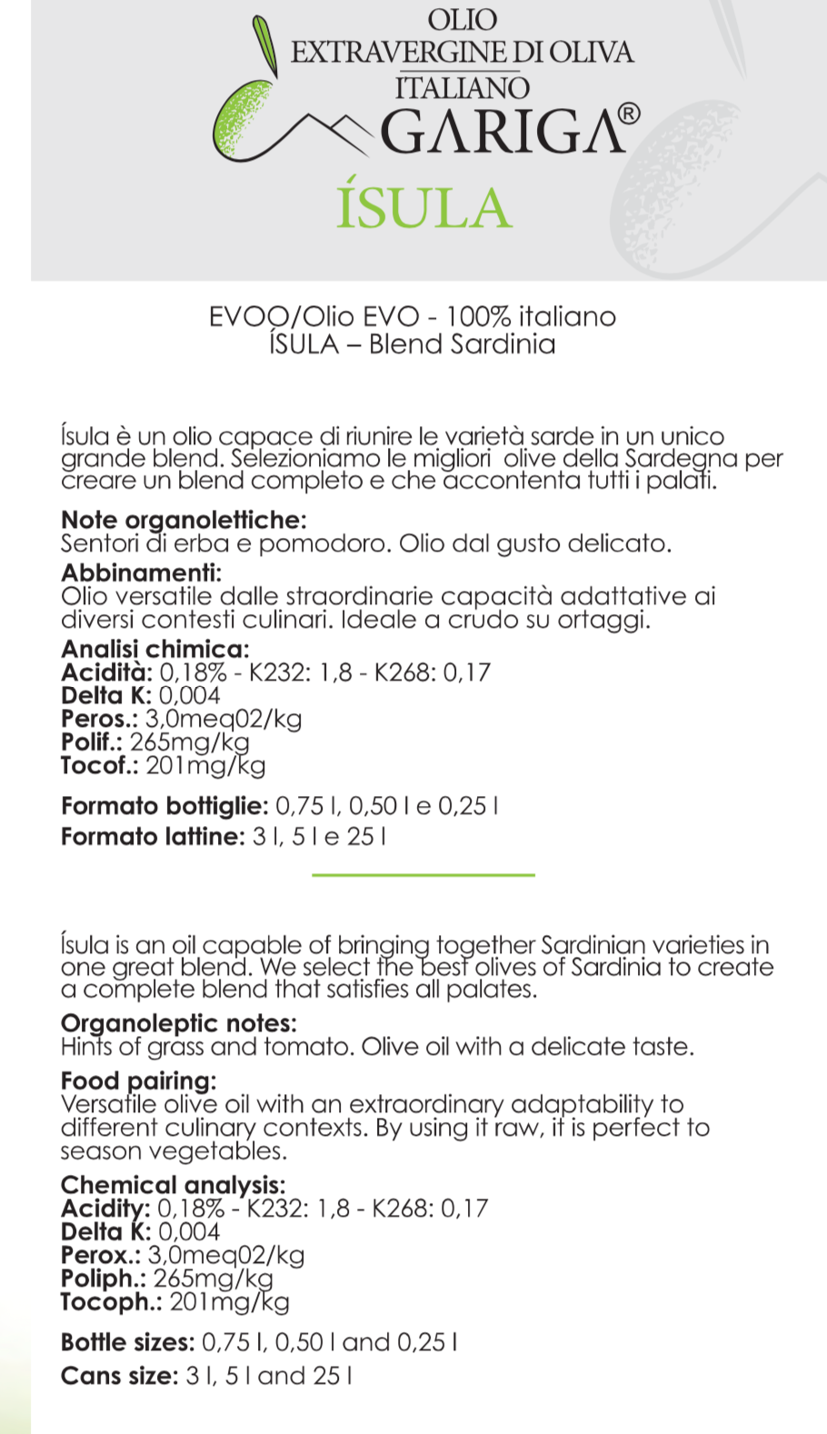 Huile d'Olive Isula Gariga de Sardaigne Ottana 500 ml