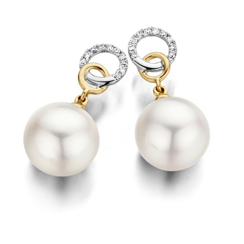 Boucles d&#39;oreilles or 18 carats + diamants + perles