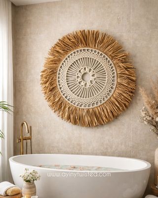 Handcrafted Macrame Raffia Sunburst Wall Hanging | Boho Wall Decor