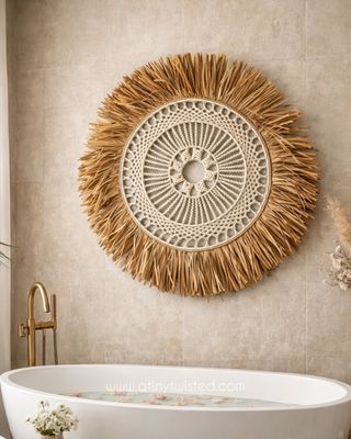 Handcrafted Macrame Raffia Sunburst Wall Hanging | Boho Wall Decor