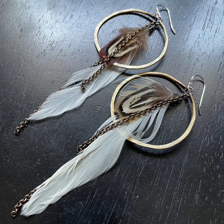 Jennifer Kahn JK161 White and Tan Feather Earrings in Medium Brass Hoops and Chains