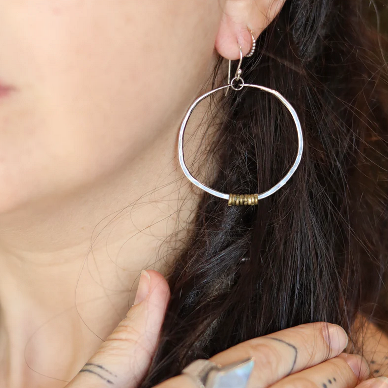Jennifer Kahn Medium Silver Hoop Earrings with Brass Heishi JK119