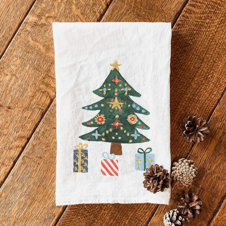 Indigo Tangerine Christmas Tree with Gifts Tea Towel