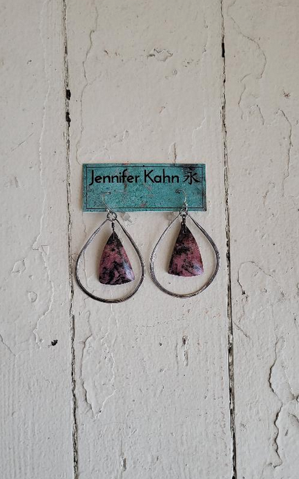 Jennifer Kahn JK156 Rhodonite "Rescue Crystals" Bookmatched Stones in Medium Silver Teardrop Hoops