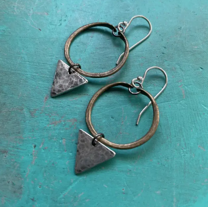Jennifer Kahn Tiny Geometric Earrings Brass Hoops, Silver Triangles