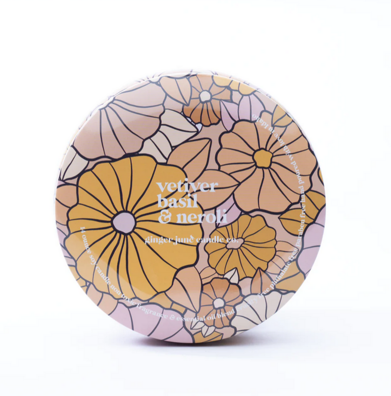 Ginger June Candle Co. Floral Tin Vetiver + Basil + Neroli 14 oz