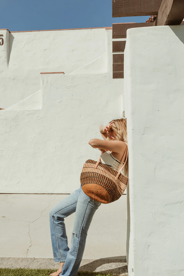 Jenna Bee Handmade Medium Brown Stripes Sisal Basket Bag