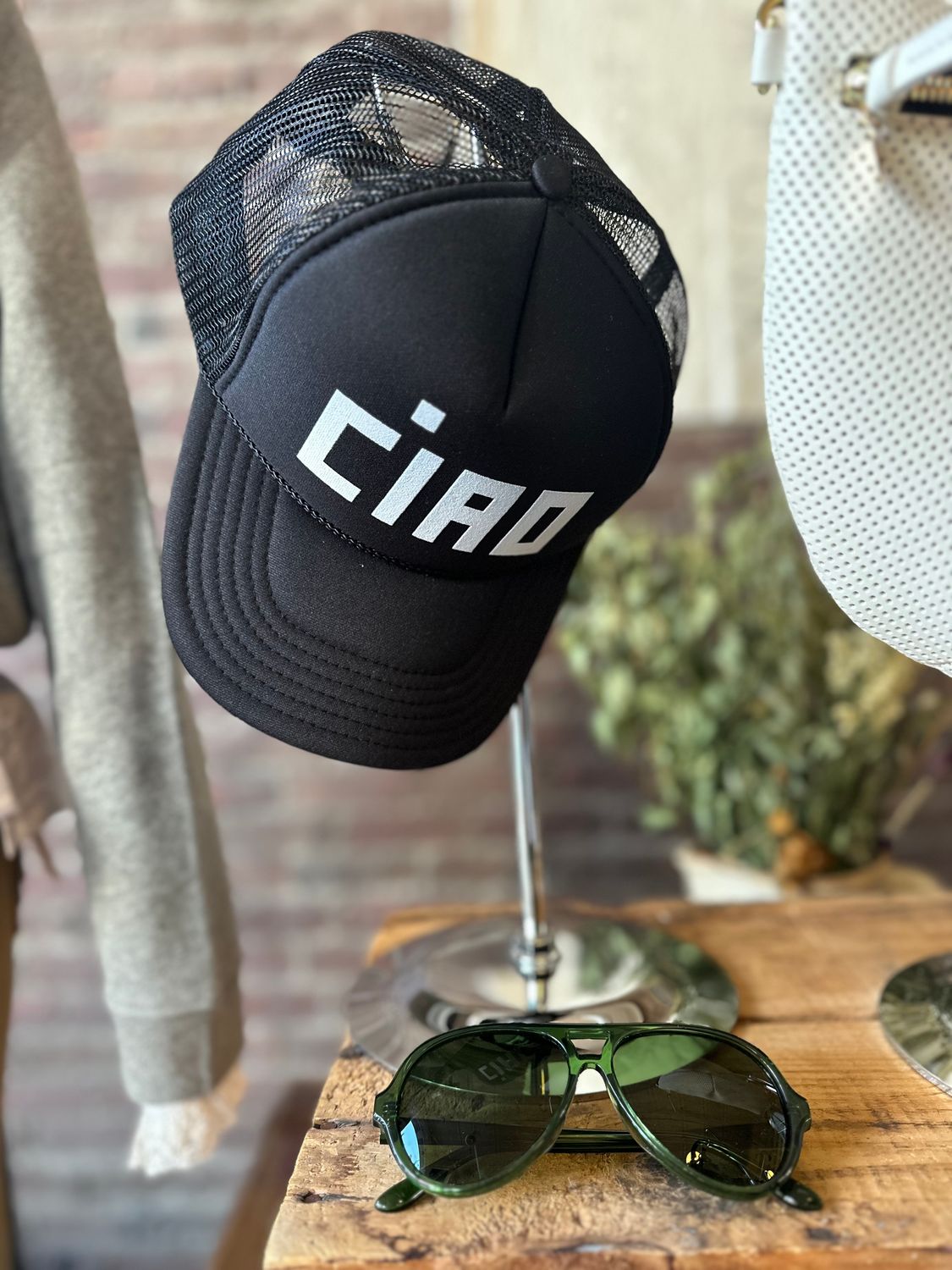 Clare V. Trucker Hat in Block Ciao Black