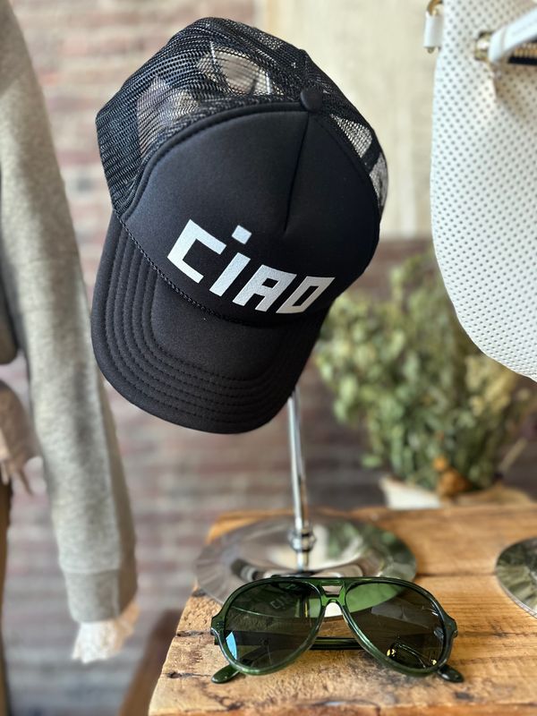 Clare V. Trucker Hat in Block Ciao Black