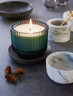 Soap &amp; Paper Roland Pine 6oz Forest Green Ribbed Glass Candle