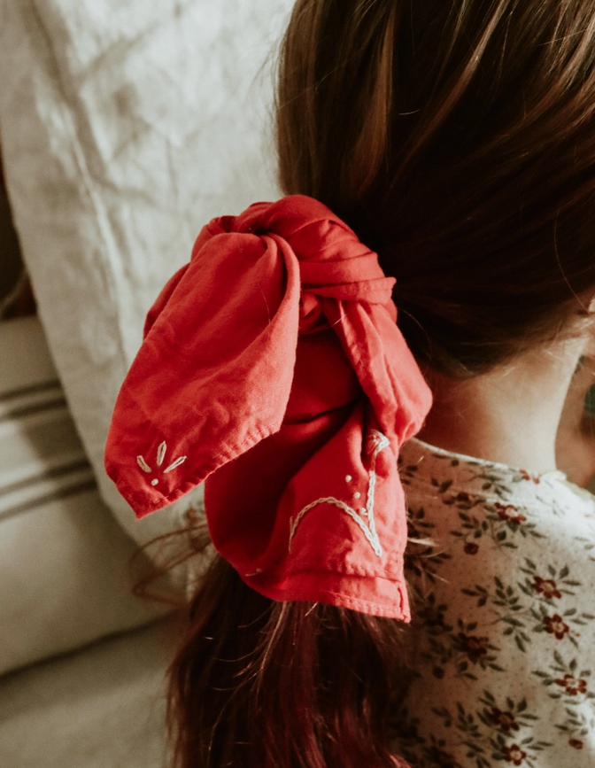 Eloise Et Moi Hand Embroidered Rodeo Bandana in Red/Cream EM3