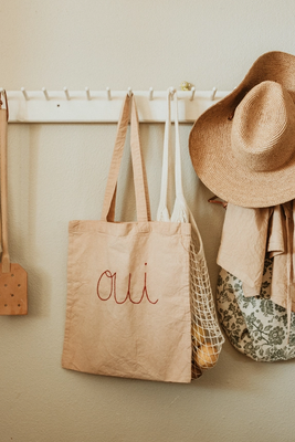 Eloise Et Moi Hand Embroidered Oui Cotton Tote in Blush EM8