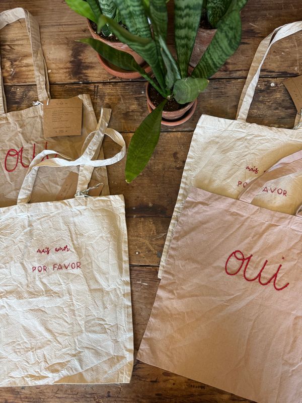Eloise Et Moi Hand Embroidered Mais Amor Cotton Tote in Undyed EM6