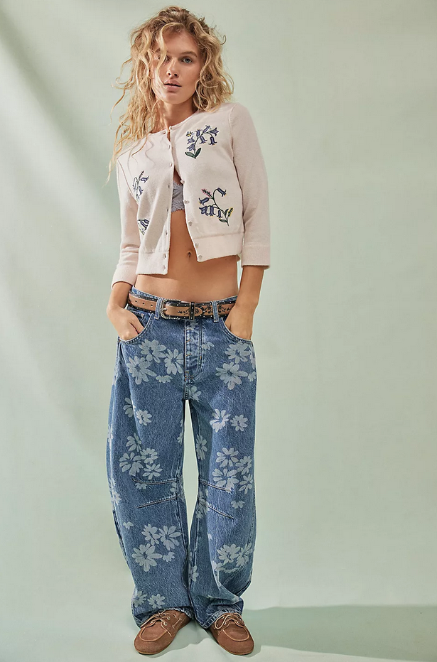 Free People Good Luck Printed Barrel Jean